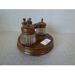 Double pressed glass inkwell on treen base with treen covers PLEASE always check condition PRIOR