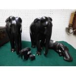 A pair of large ebony elephants & 2 small and an ebony hippo PLEASE always check condition PRIOR