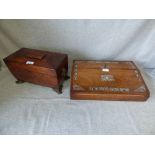 Victorian rosewood & mother of pearl inlaid writing slope & Victorian mahogany tea caddy on brass