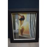 Modern school, studio framed oil painting portrait of a nude female taking a shower, 62x52cm