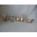 2 early C20th silver sugar castors, modern silver sauceboat 1969, a Regency style cream jug & silver