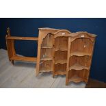 Pine corner bookcase 85L cm; another hanging bookcase & a pair of pine corner hanging shelves PLEASE