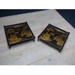 Pair of Japanese black laquered stools with gilt decoration scenes, 42H x 10W cm PLEASE always check