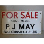 Vintage enamel Estate Agent's sale sign 'P. J. May East Grinstead' 38H x 65Wcm PLEASE always check