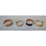 18ct gold ring, partial hallmark, 4.4g gross, 9ct gold patterned ring, 9ct gold ring with three