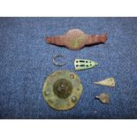 Assorted Roman metal detecting artefacts from N.Wilts. incl. shield boss, part dagger scabbard, ring
