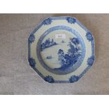 C19th Chinese octagonal blue & white plate painted with a river landscape PLEASE always check