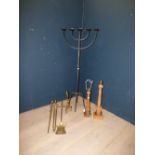 Set of brass fire irons, brass fire dogs, 2 pine table lamps & cast iron five branch candleabra 145H