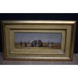 Impressionist oil painting Victorian beach scene with figures and ladies with parasols, 16x44cm