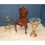 Hall chair & 2 tier glazed occasional table, marble top occasional table with gilded figural base