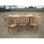 Victorian style pine kitchen table on turned lags with set of 8 pine kitchen chairs. 80H x 106W cm