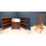 Edwardian mahogany bureaus, 2 oak book shelves & steamer chair PLEASE always check condition PRIOR