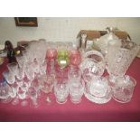 Qty of cut & pressed glassware incl. champagne saucers, 6 Waterford hock glasses & 9 coloured