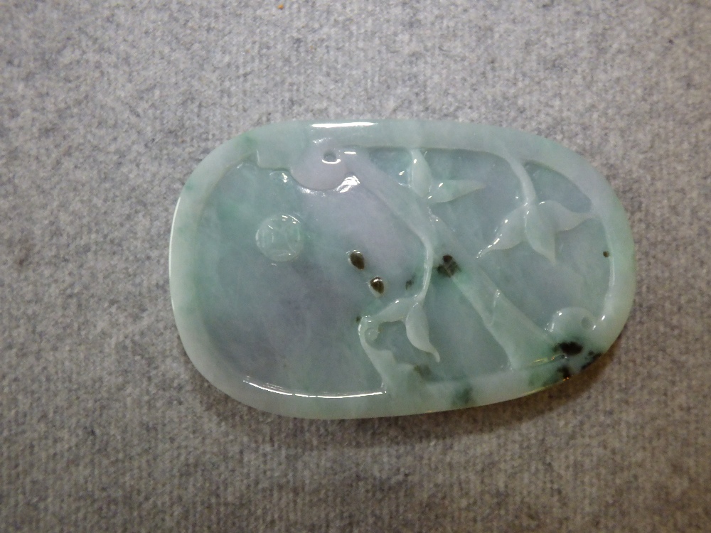 Pale jade carved oval pendant with monkeys in a tree, the base with foliage 18cm L PLEASE always - Image 2 of 2