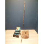 Vintage Japanese fishing box with various mixed fishing tackle of lures, floats, decoys & wicker
