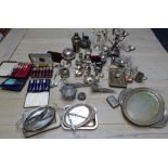 Qty of assorted silver plate to include 4 branch centrepiece, cocktail shaker, sauceboats,