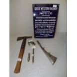 Cast iron & enamel Great Western Railway notice sign, 2 whistles, horn & axe PLEASE always check