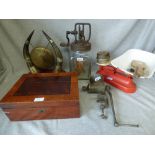 Victorian burr walnut & mahogany writing slope, Edwardian dinner gong, scales etc. PLEASE always