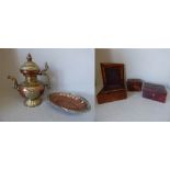 Victorian mahogany writing slope, Rosewood tea caddy, leather jewellery box, brass & copper kettle &