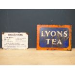 Vintage cast iron & enamel 'Lyons Tea' sign 30H x 42W cm & 'A.W. Bombs Precautions' sign 20H x 30W