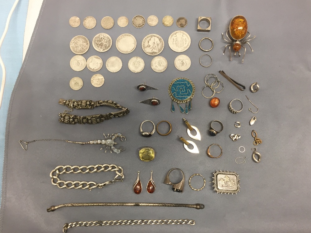 Collection of silver and silver coloured jewellery, including some coins PLEASE always check