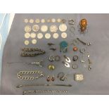 Collection of silver and silver coloured jewellery, including some coins PLEASE always check