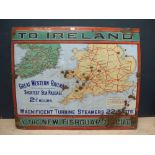 Vintage cast iron & enamel Great Western Railway 'Ireland by The New Fishguard Route' 93H x 112W