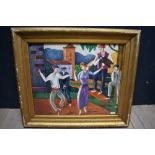 Gilt framed oil painting of Basque peasants, participating in a traditional folk dance, 49.5x59.