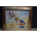 Studio framed oil painting of children at the seaside, beach play, 52x62cm PLEASE always check
