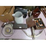 Qty of various collectables boat anchor, meat hooks, coat hook & vintage telephone etc. PLEASE