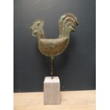 Antique copper weathervane fragment of a cockerel on decorative wooden block 88H x 48W cm PLEASE