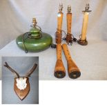 C20th 2 point antlers, 1980's style green glazed bowl, shaped table lamp & various table lamps