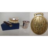 Hallmarked silver brush & comb set in fitted case by 'B & Co. of Birmingham' & silver-plate cap &