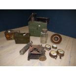 Vintage 'Tilley' lamp, 4 various gauges & qty of miniature boxes etc. PLEASE always check