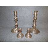 Pair of modern silver candlesticks in C18th style, London 1972, loaded, 21H cm & a pair of dwarf