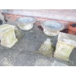 Pair weathered garden classical style urns on pedestal base PLEASE always check condition PRIOR to