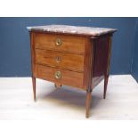 C19th Louis XVI style walnut red veined marble top chest of 3 drawers 78W cm PLEASE always check