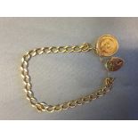 9ct gold bracelet of filed curb links, to a padlock clasp, with a 1912 half Sovereign in a pendant