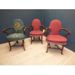 Three Georgian II style (one possibly period) mahogany armchairs with shepherd crook arms &