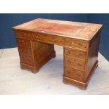 Victorian twin pedestal mahogany desk with 6 drawers, tooled leather top & bracket feet 76H x 123Wcm
