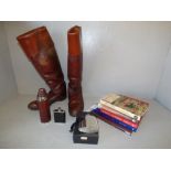 Qty of items, including pair of brown leather riding boots, size 7.5. 3 hip flasks and sporting