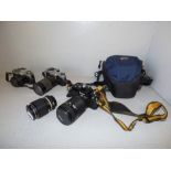 3 various cameras, Nikon FE4145890 with 2 x Nikon Nikkor zoom lenses 70-210mm & 43-86mm, Minolta