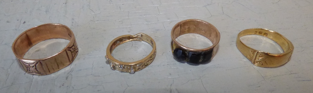 18ct gold ring, partial hallmark, 4.4g gross, 9ct gold patterned ring, 9ct gold ring with three - Image 2 of 2