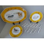 HERMES porcelain, 'Sealyham Terrier', 2 plates & 1 platter & 12 figures of dogs, tiger, rabbit