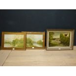 Oil on canvas riverscape signed 'L. Roujod' & pair of country scenes PLEASE always check condition