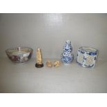 Chinese Imari pattern bowl, Japanese ivory netsuke, 2 further ivory carvings & 2 oriental blue &