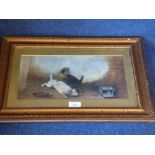 Victorian oil of terriers chasing rat, bears signature, framed & glazed 16x33 PLEASE always check