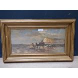 Gilt framed oil painting coastal scene, seaweed gatherers with horse and cart, 18x39cm PLEASE always