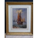 Gilt framed oil painting sea scape with fishing boats, figures on shoreline, under stormy skies,