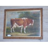 Oak framed oil painting study of a cow in a pastoral landscape, 28x39cm PLEASE always check